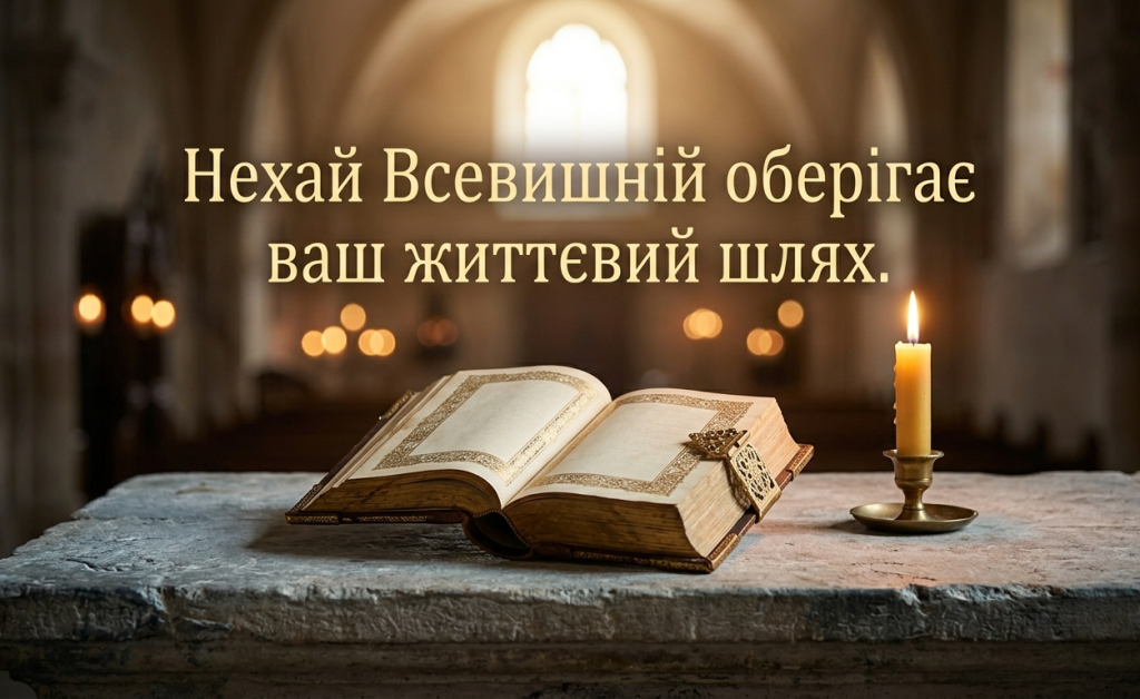 Спокійне фото з Біблією та запаленою свічкою на кам'яному вівтарі каплиці, з написом "Нехай Всевишній оберігає ваш життєвий шлях.".