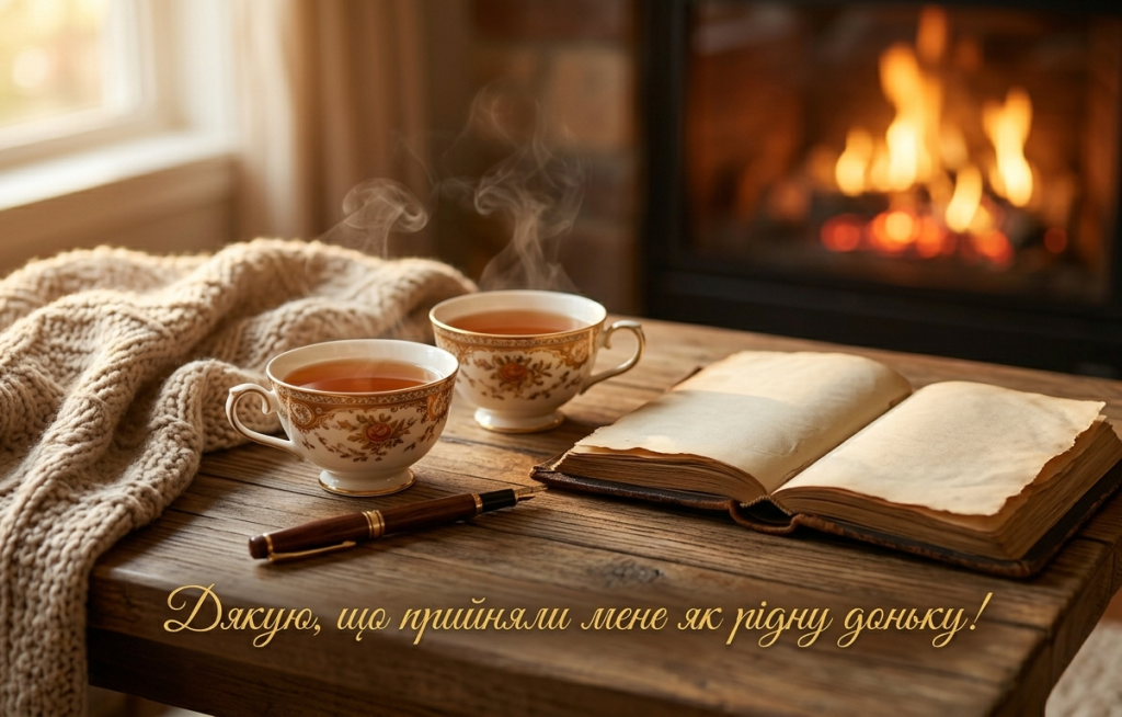 Затишний натюрморт біля каміна з двома чашками чаю та пледом, з написом "Дякую, що прийняли мене як рідну доньку!".