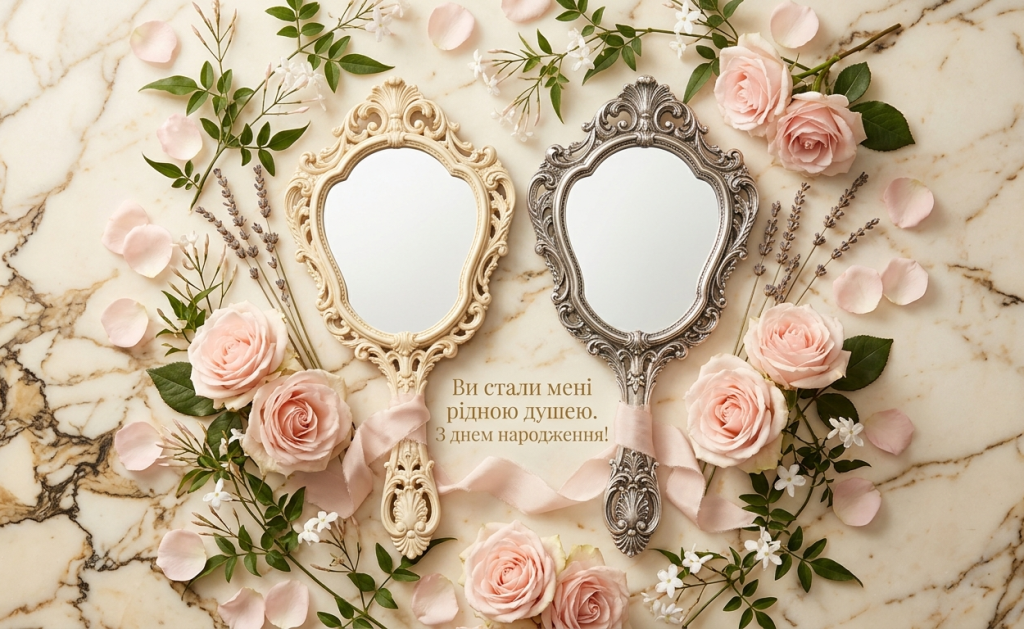 Розкішна композиція на мармурі з двома старовинними дзеркалами, квітами та написом "Ви стали мені рідною душею. З днем народження!".
