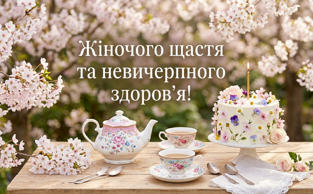 Яскраве весняне фото сервірованого столу в саду з цілим тортом і написом "Жіночого щастя та невичерпного здоров’я!".